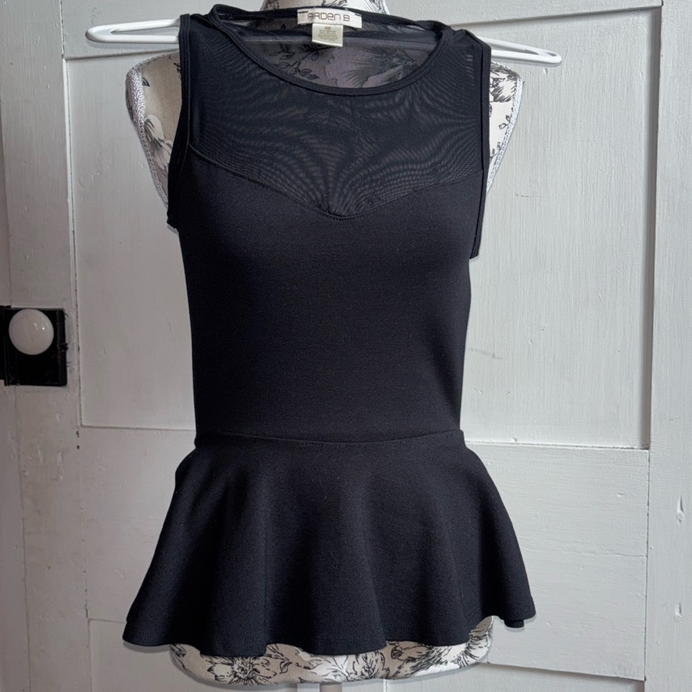 Vintage Sheer Back Black Flare Waist Tank Top Shirt Size XS Sexy Casual USA